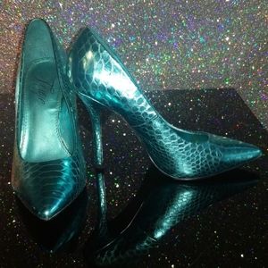 Teal Fergie snakeskin heels